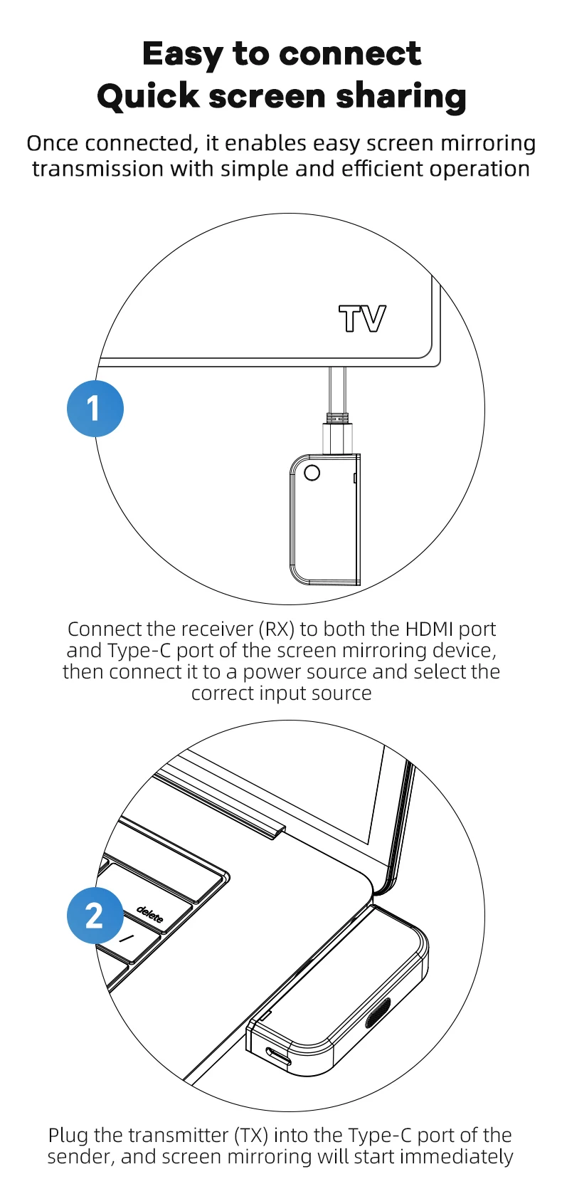 50M Type C HDMI-Compatible Wireless Video Transmitter Receiver Extender Adapter TV Stick Dongle for Laptop PC Phone TV Monitor | Fugo Best